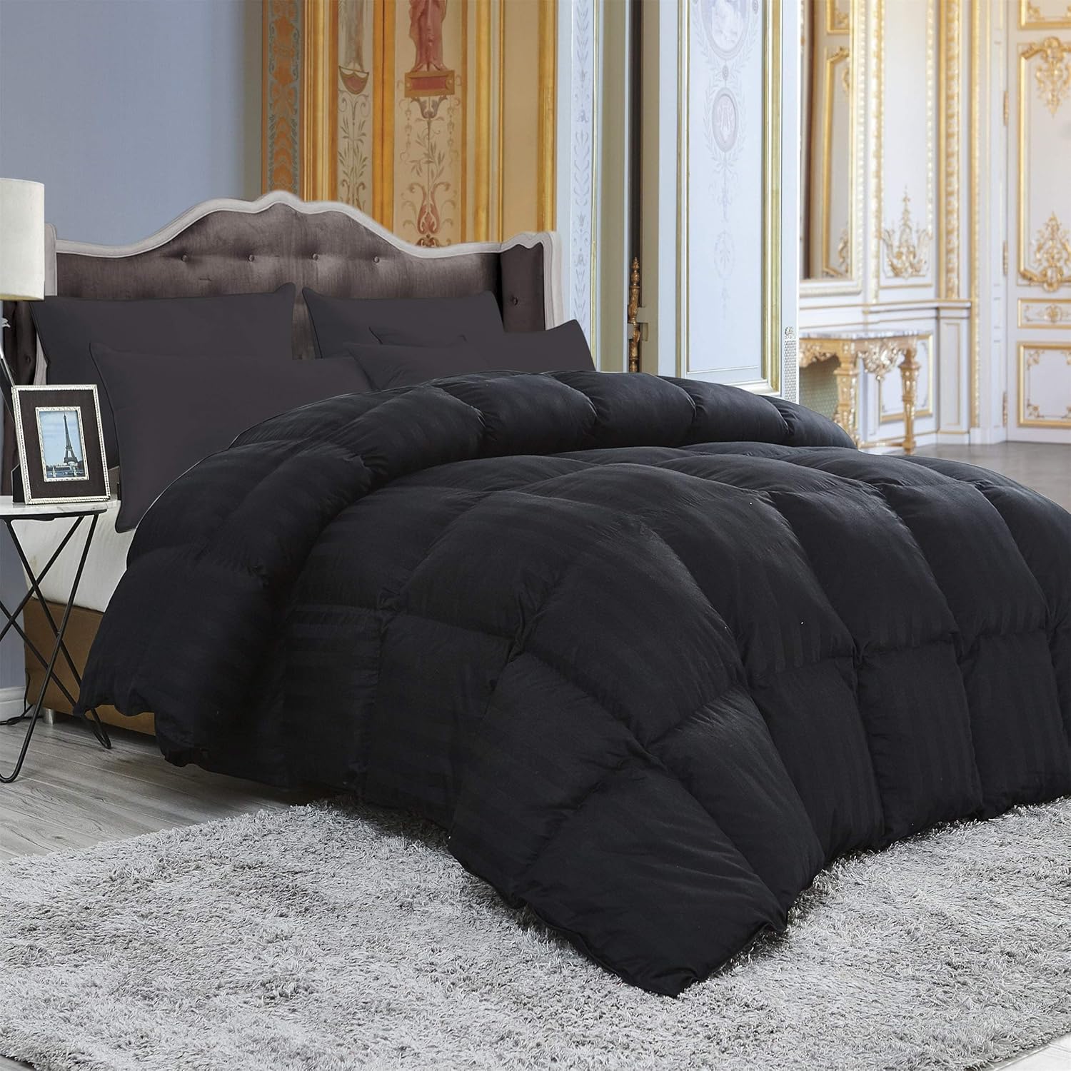 Luxurious All-Season Goose Down Fiber Comforter Twin Size Duvet Insert, Exquisite Black Stripe Design, 100% Egyptian Cotton Down Proof Fabric, 50 oz Fill Weight