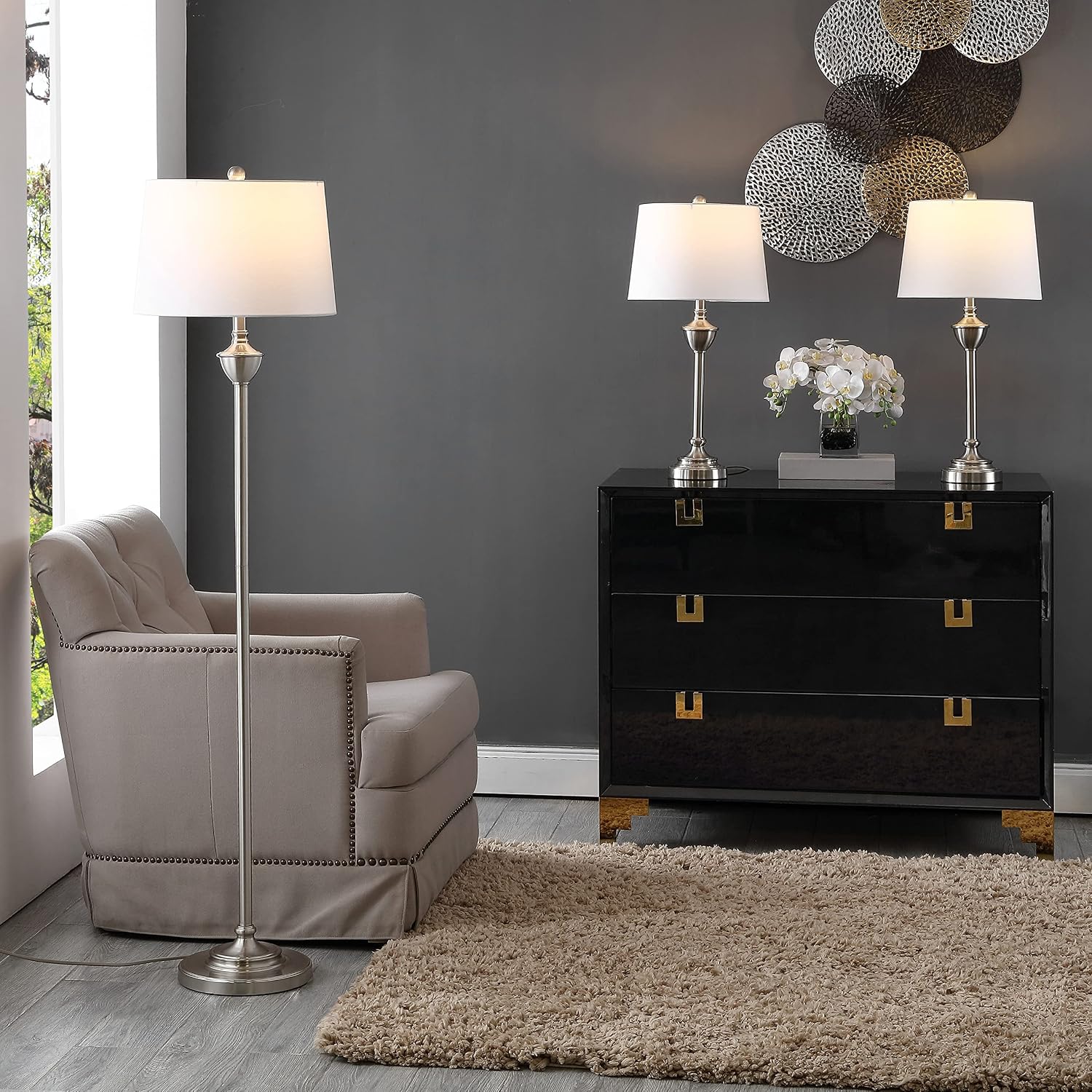 SAFAVIEH Lighting Collection Peltier Contemporary Nickel Floor & Table Lamp Set of 3 (LED Bulbs Included)