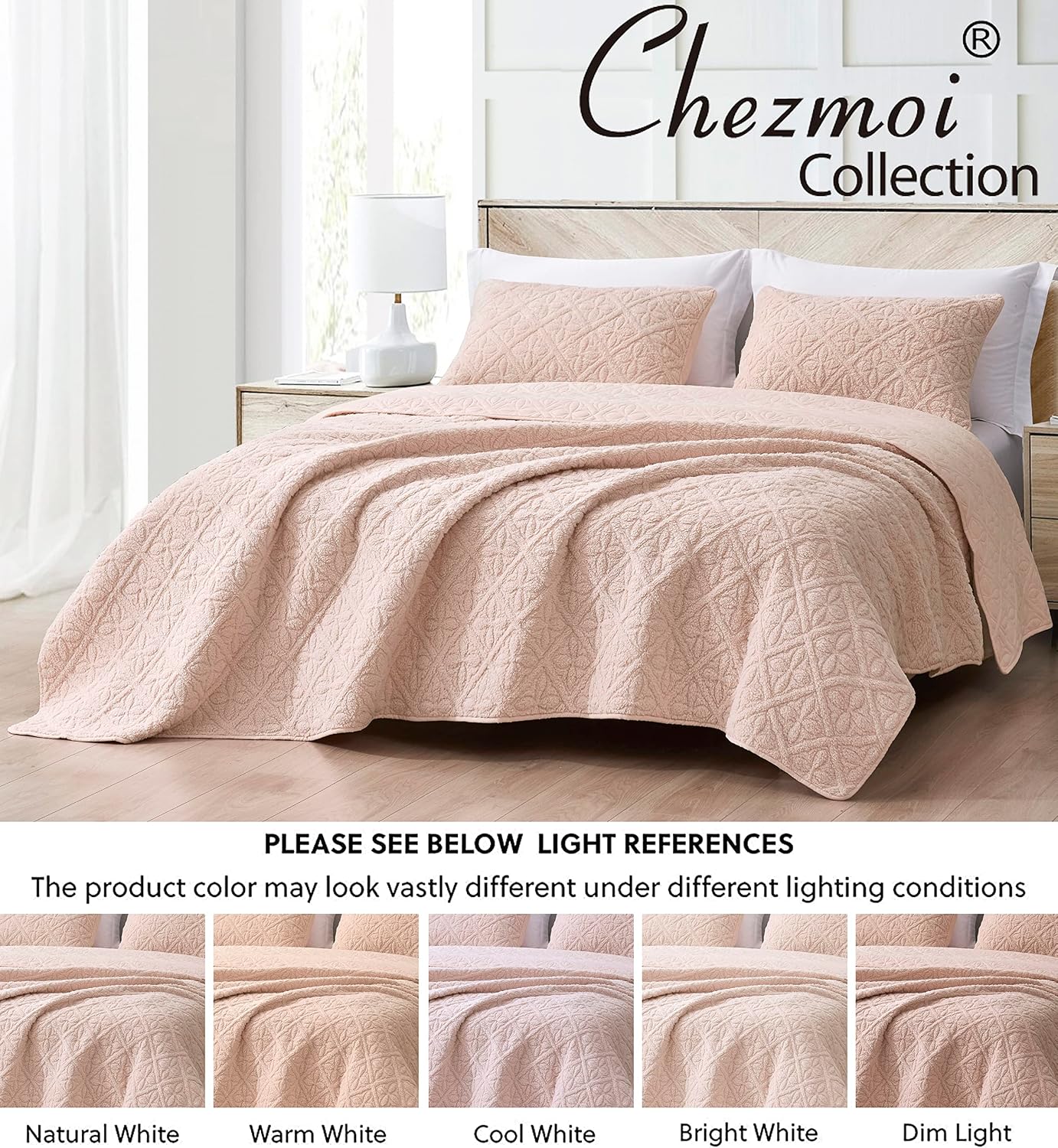 Chezmoi Collection Bethany 3-Piece King Sherpa Quilt Set - Floral Quilted Sherpa Blanket Reversible Washed Microfiber Lightweight Bedspread - King Size, Blush