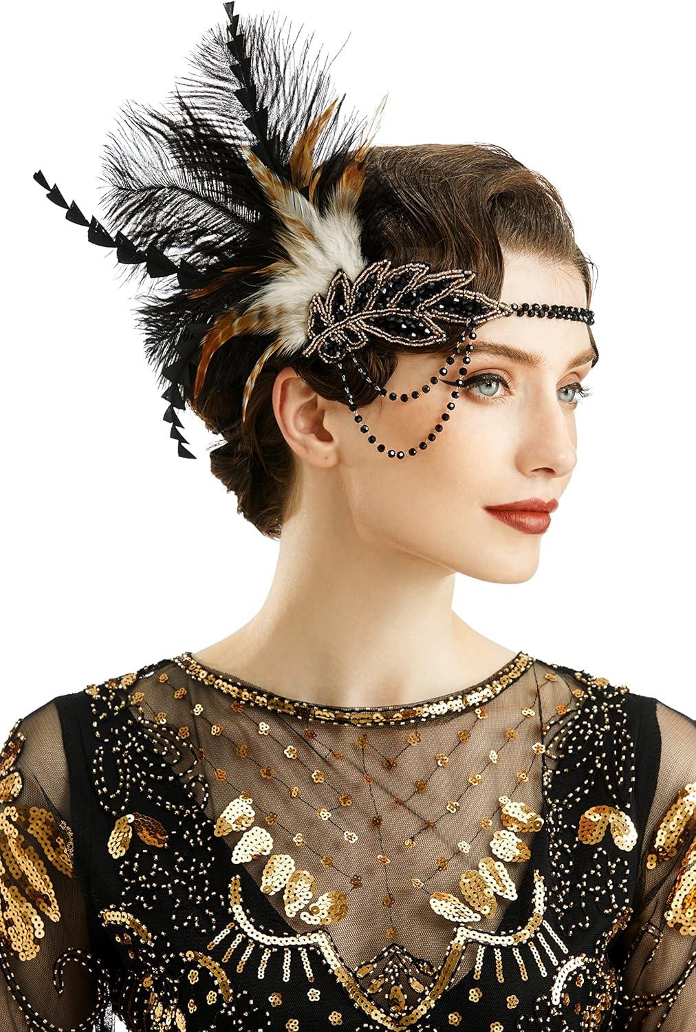BABEYOND 1920s Headpiece Flapper Headband - Roaring 20's Sequined Showgirl Hair Band with Feather