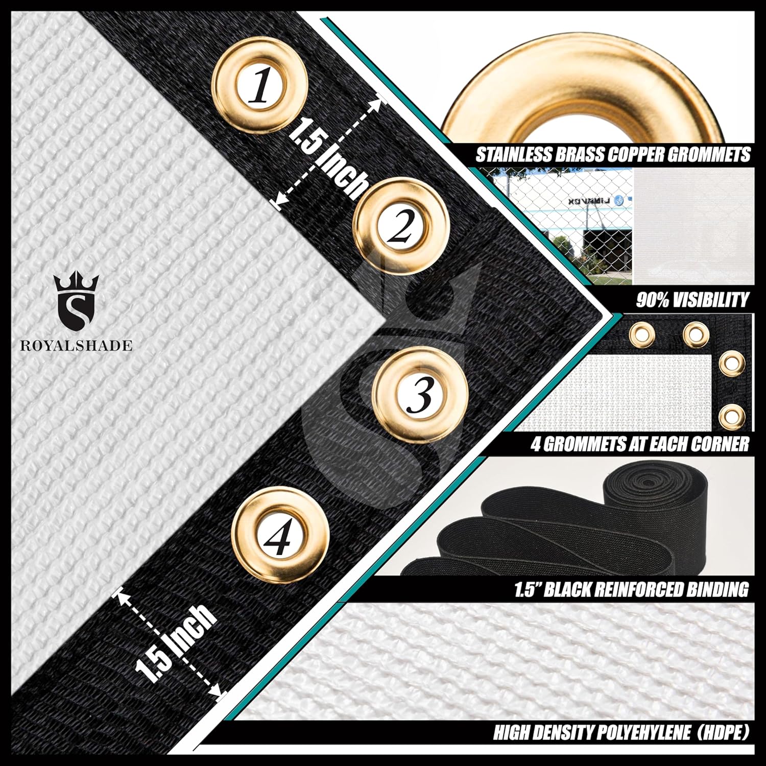 Royal Shade 8' x 10' White Fence Privacy Screen Windscreen Cover Netting Mesh Fabric Cloth - Cable Zip Ties Included (We Make Custom Size)