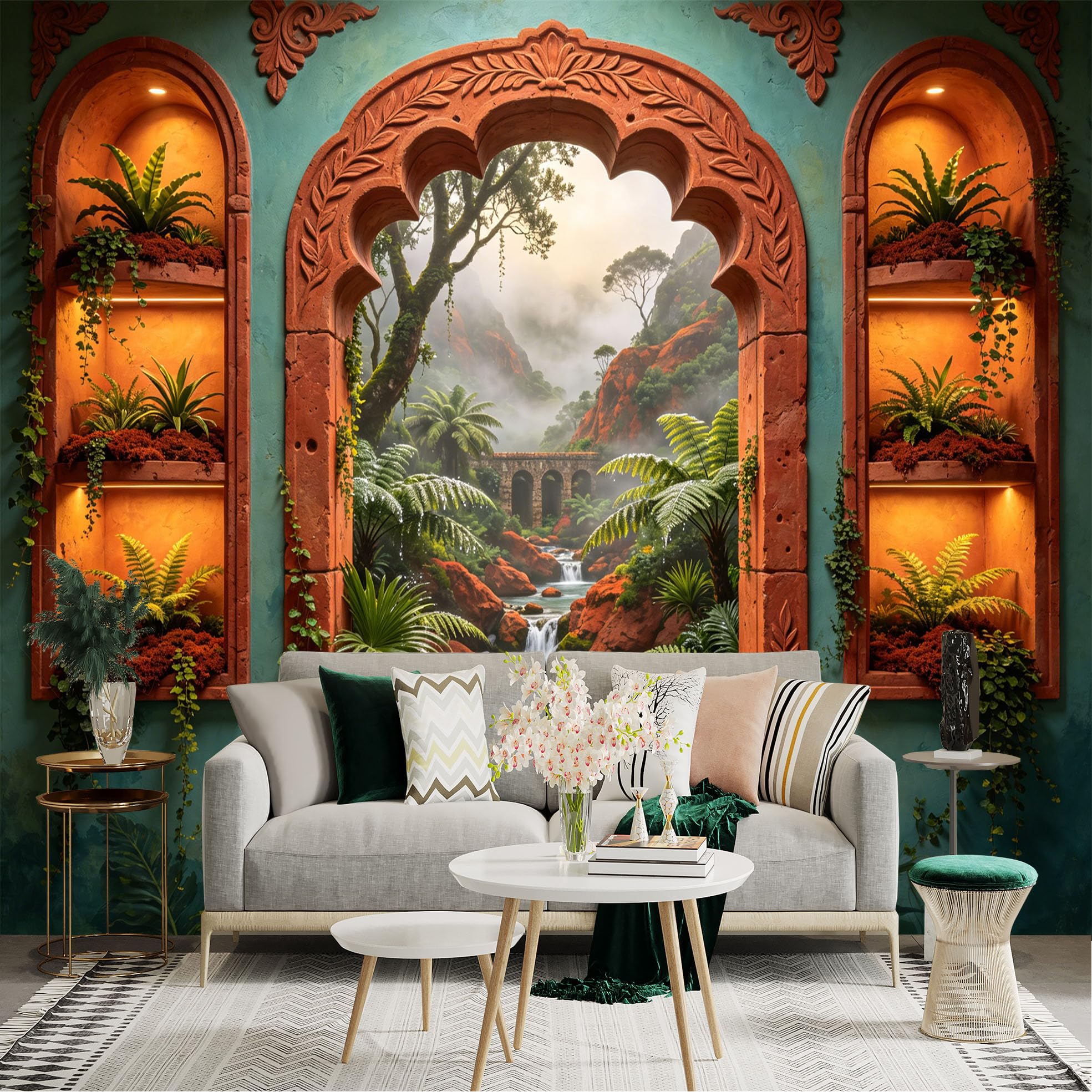 Lnzczhyre Dbh260521164 Custom Size Wall Sticker Mural， Enchanting Tropical Forest View Through Stone Archway， Lush Ferns And Cascading Waterfall， For Wall Decoration， Peelandstick Wall Decals.
