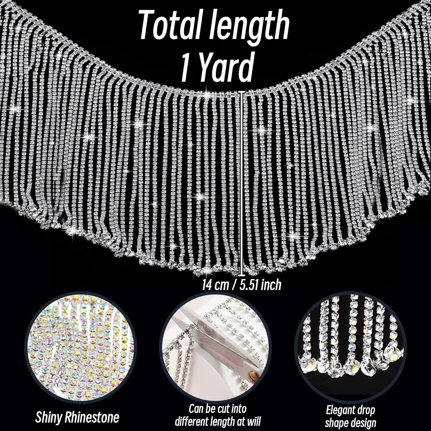 Rhinestone Fringe Trim 1 Yard, Extra Long Sparkling Crystal Tassel Chain for Wedding Dress Decorations, Costumes, Sewing DIY Crafts (Silver Long Fringe Trim)