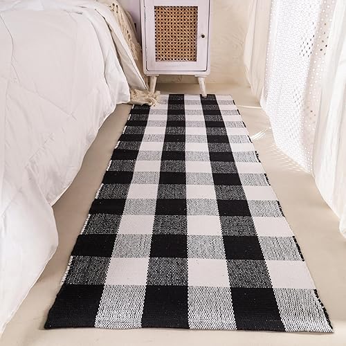 Miniatura 2 de HOMEMONDE Alfombras de área a cuadros en blanco y negro tejidas a mano para entrada, pasillo, cocina, dormitorio, sala de estar, 2 x 6 pies
