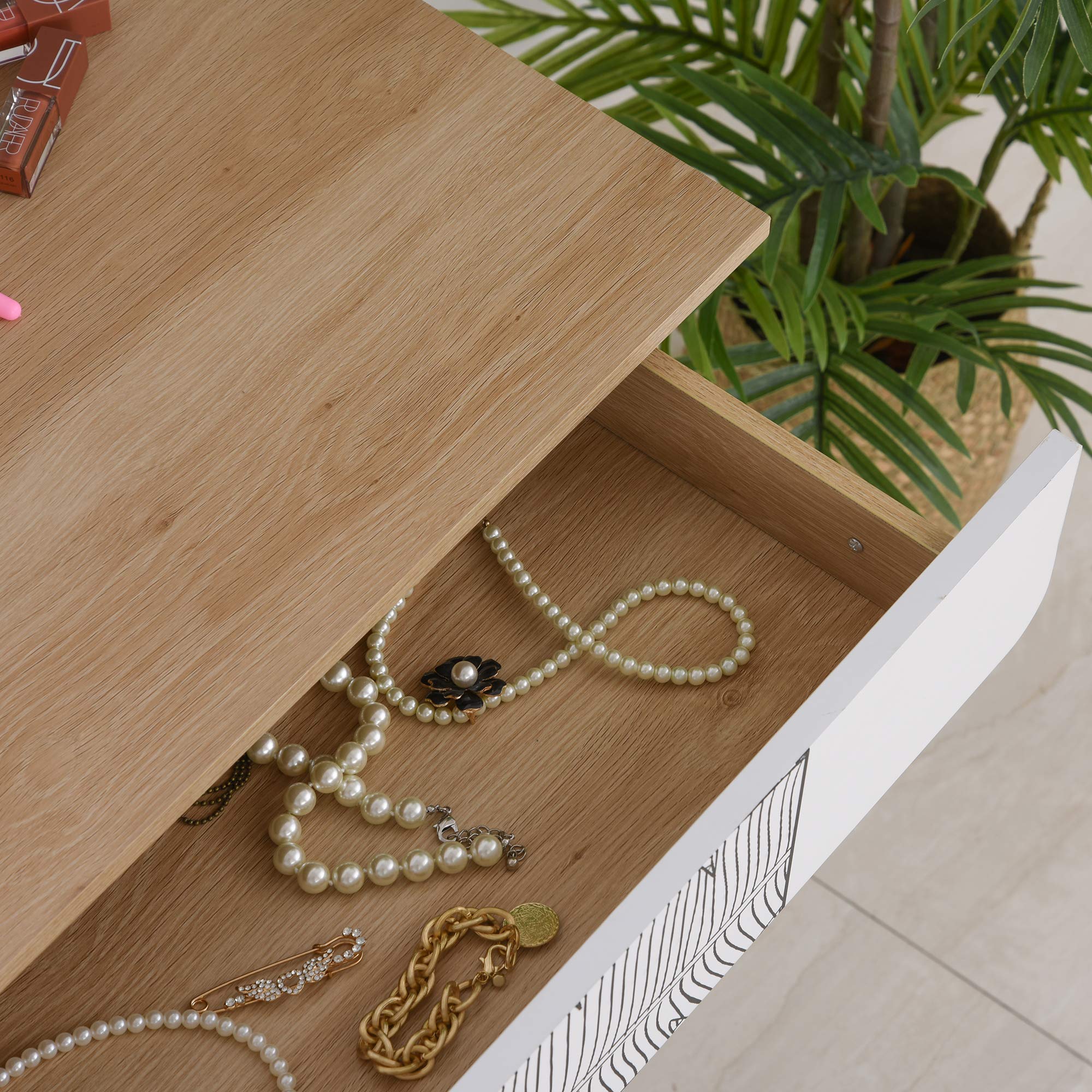 HOMCOM Postazione Trucco con Specchio Circolare Ф39cm, Toeletta Trucco con Cassetto con Decorazione Jungle, 70x39x119-128cm, Bianco e Rovere