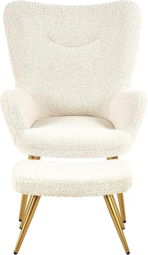 Topeakmart Silla decorativa Sherpa con juego otomano, sillón Boucle con reposapiés, respaldo alto y patas de metal, sala de estar, dormitorio, marfil disponible en Yaxa Guatemala