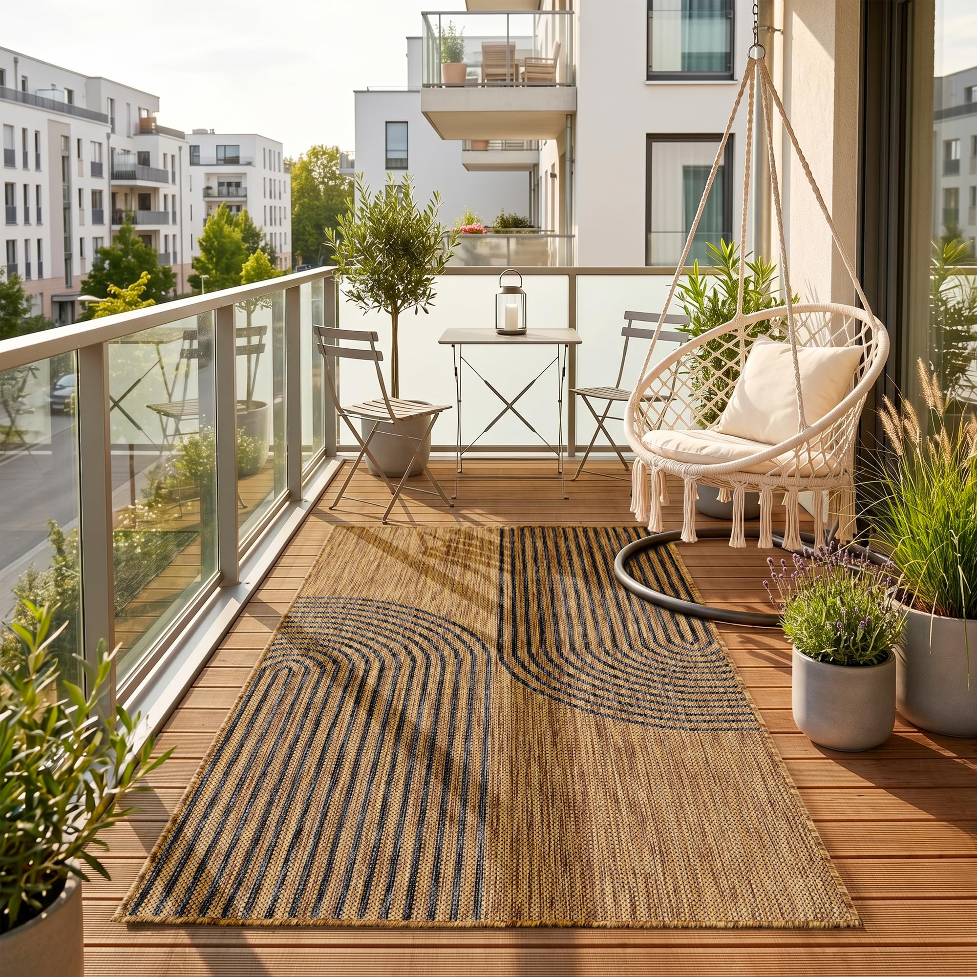 HomebyHome Outdoor Teppich Beige Balkon Terrasse Garten Wetterfest UV-beständig Teppich Einfarbig Flachgewebe Pflegeleicht Robust Modern