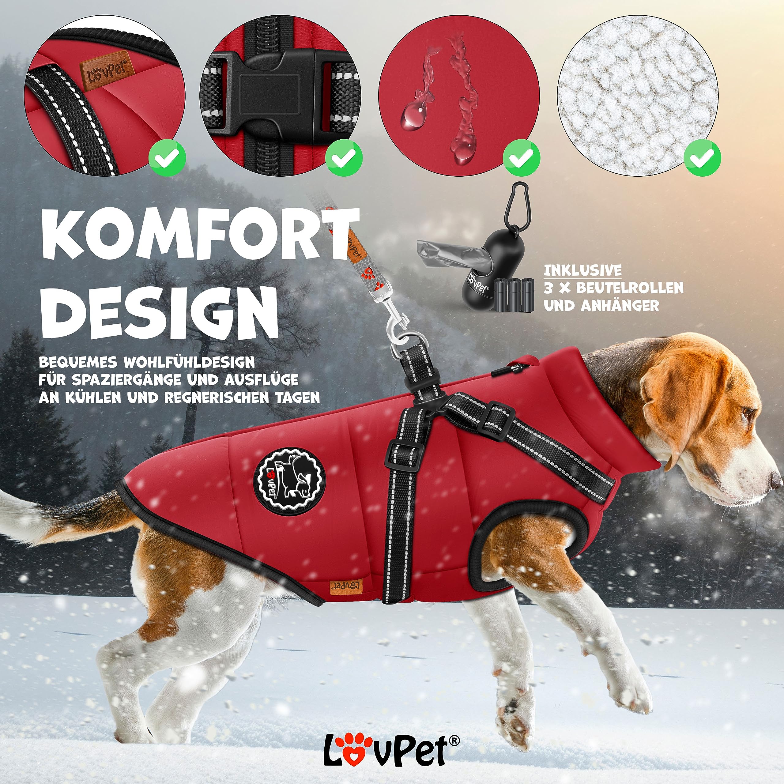 Lovpet® Giacca per Cani con Pettorina, con 45 Sacchetti per Escrementi + Dispenser per Cani, Gilet Invernale Imbottito, Impermeabile, con Cintura Toracica, riflettori, Anello a D 5XL, Rosso Bordeaux