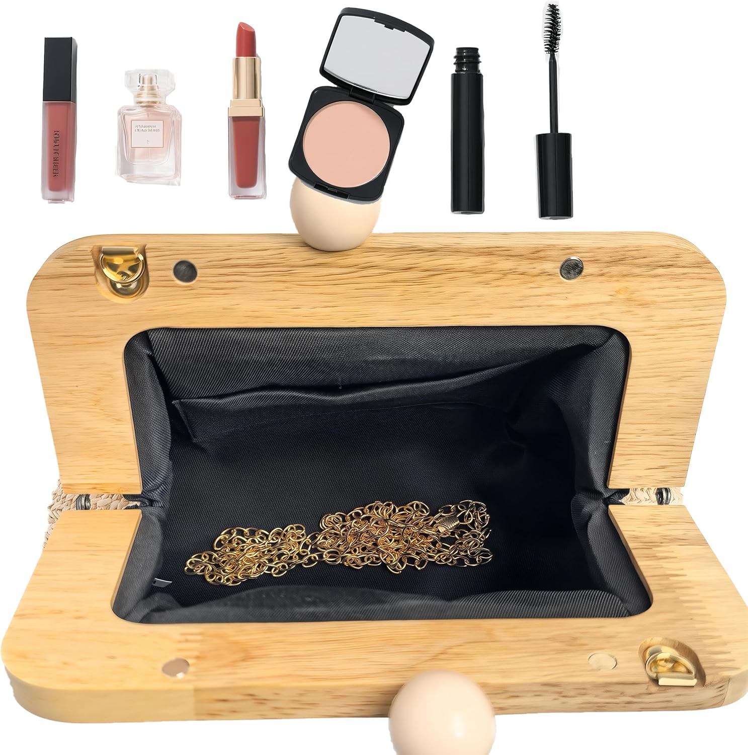 Boho Woven Straw Clutch Bag for Women - Wooden Frame Clutch with Cute Egg Decor, Summer Beach Vacation Crossbody Purse - Image 3