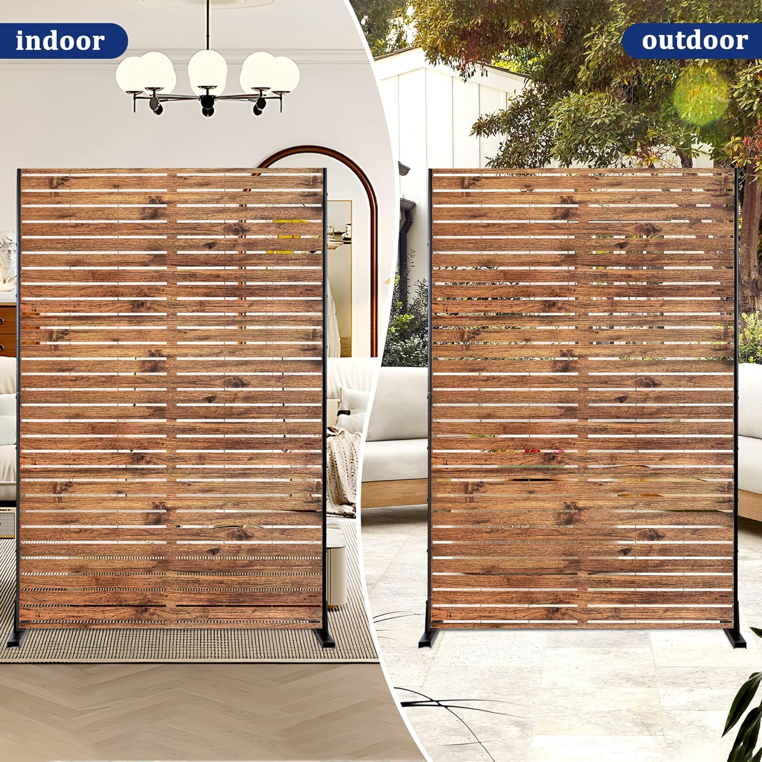 Metal Privacy Screen Outdoor 72" H×47" W Natural Wood Brown Patio Privacy Screen, Freestanding Decorative Privacy Screen for Deck Balcony Patio