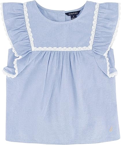 Nautica Camisa de manga corta para niña, camiseta de algodón con hombros y ribete de ganchillo