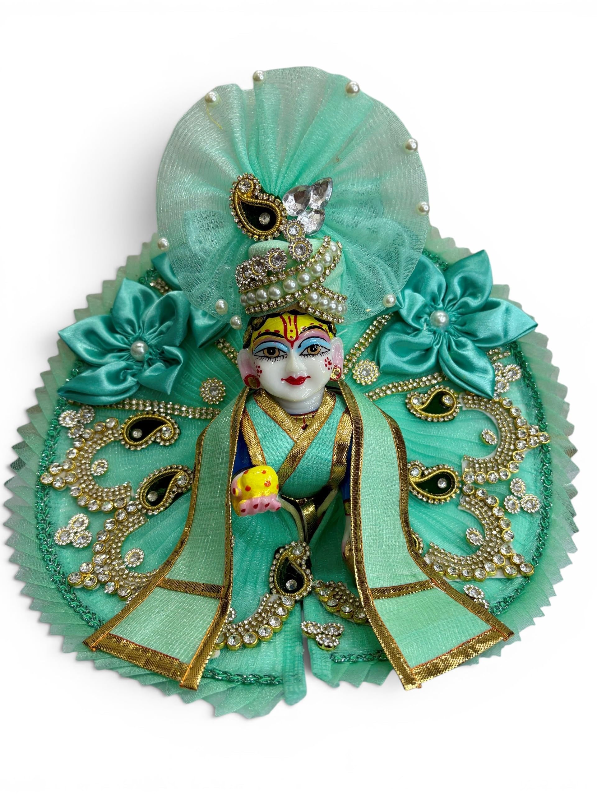 Mint Green Laddu Gopal Poshak with Mukut & Decorative Work (68) (4) | Beautiful Laddu Gopal Dress with Pearl & Stone Work, Soft Fabric, Handcrafted Designer Poshak for Daily Worship & Festivals-image-47