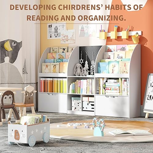 Miniatura 3 de FLOWBACK Organizador de almacenamiento de juguetes para niños de 67 pulgadas y estantería con 5 cubos y cajones móviles, organizador de sala de