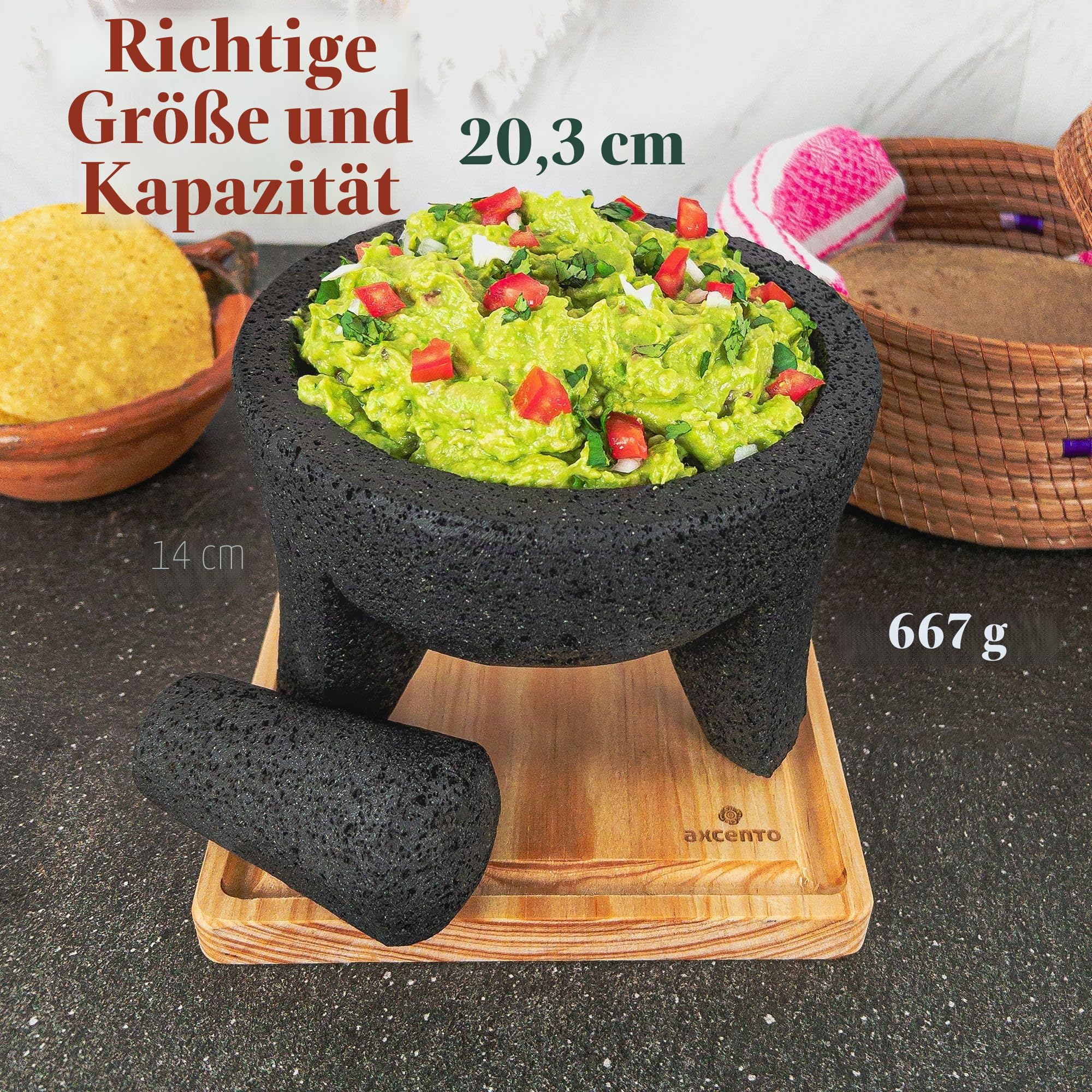 Traditionelles Molcajete Mexicano Vulkangestein Mörser und Stößel Set, handgefertigt aus authentischem Lavastein in Puebla Mexiko, Guacamole, Schüssel, Schneidebrett inklusive Molcajete Bowl de Piedra