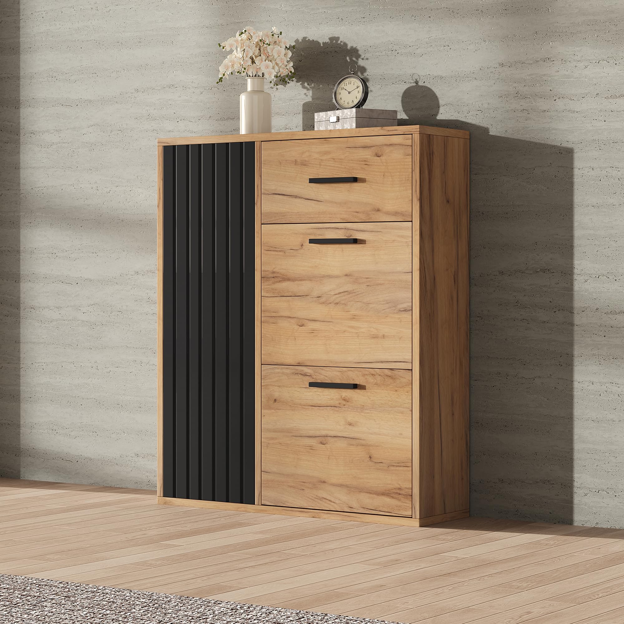 80 × 24 × 95,5 cm, zapatero moderno con estantes ajustables, tiradores negros, 1 cajón y 1 puerta, zapatero multiusos, zapatero en el pasillo (natural+negro)