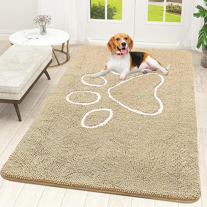OLANLY Dog Door Mat for Muddy Paws 59x35, Paw Print Design, Beige