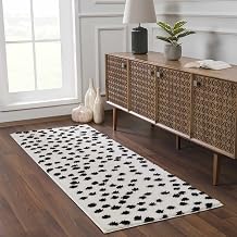 BoutiqueRugs Ivory Polka Contemporary Shag 7ft Runner Rug Black Off White Dot Dalmatian Cansu Hallway Kitchen Corridor Stairway Laundry Room 2'7" x 7'3" Stain Resistant Non-Shedding Pet Friendly