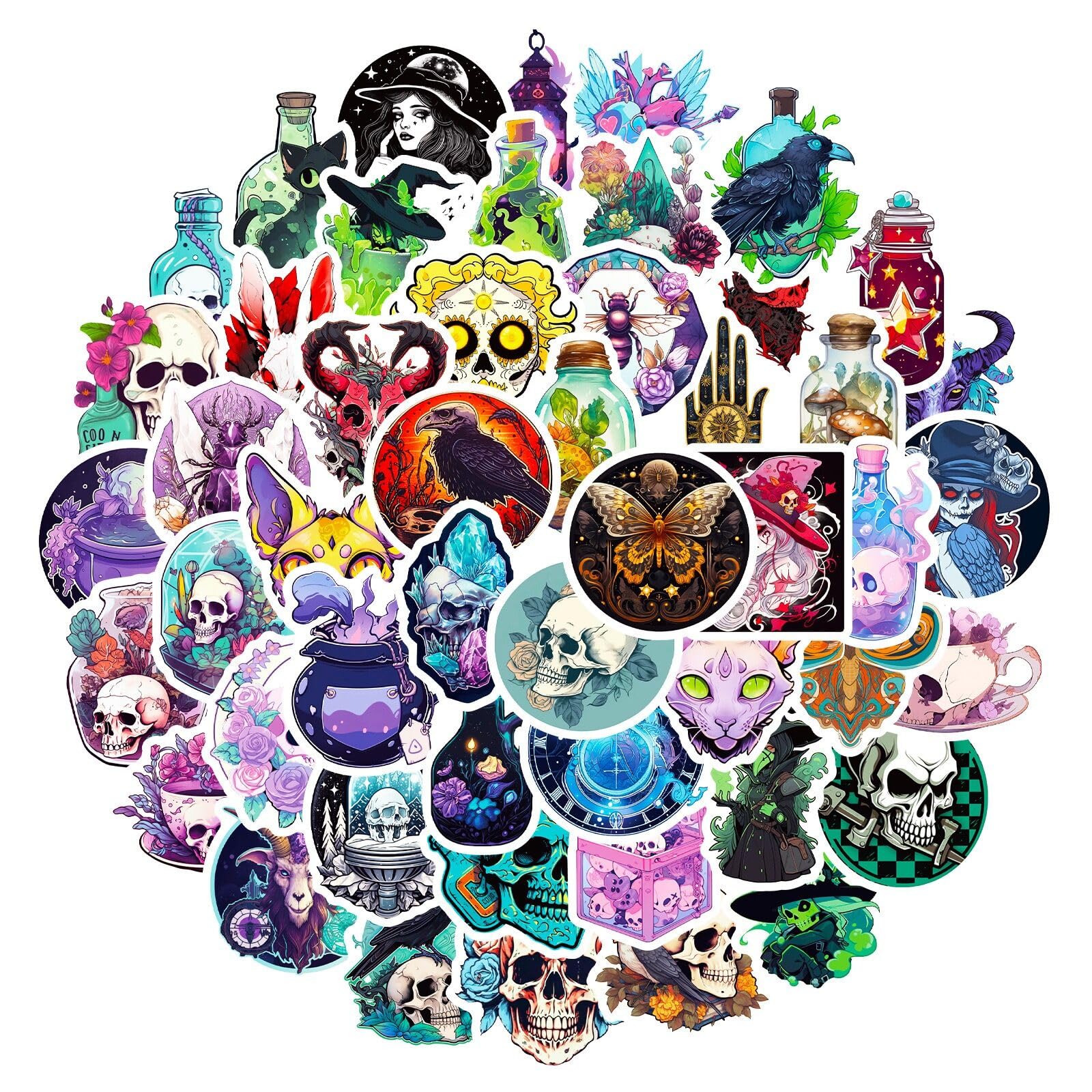 Adkumil 50Pcs Magic Potion Skull Stickers,Cartoon Vintage Potion Bottle Tag Vinyl Sticker,Halloween Wine Bottle Glassy Bottle Stickers,Retro Aesthetic Party Gift Stickers for Kids Teens Adults