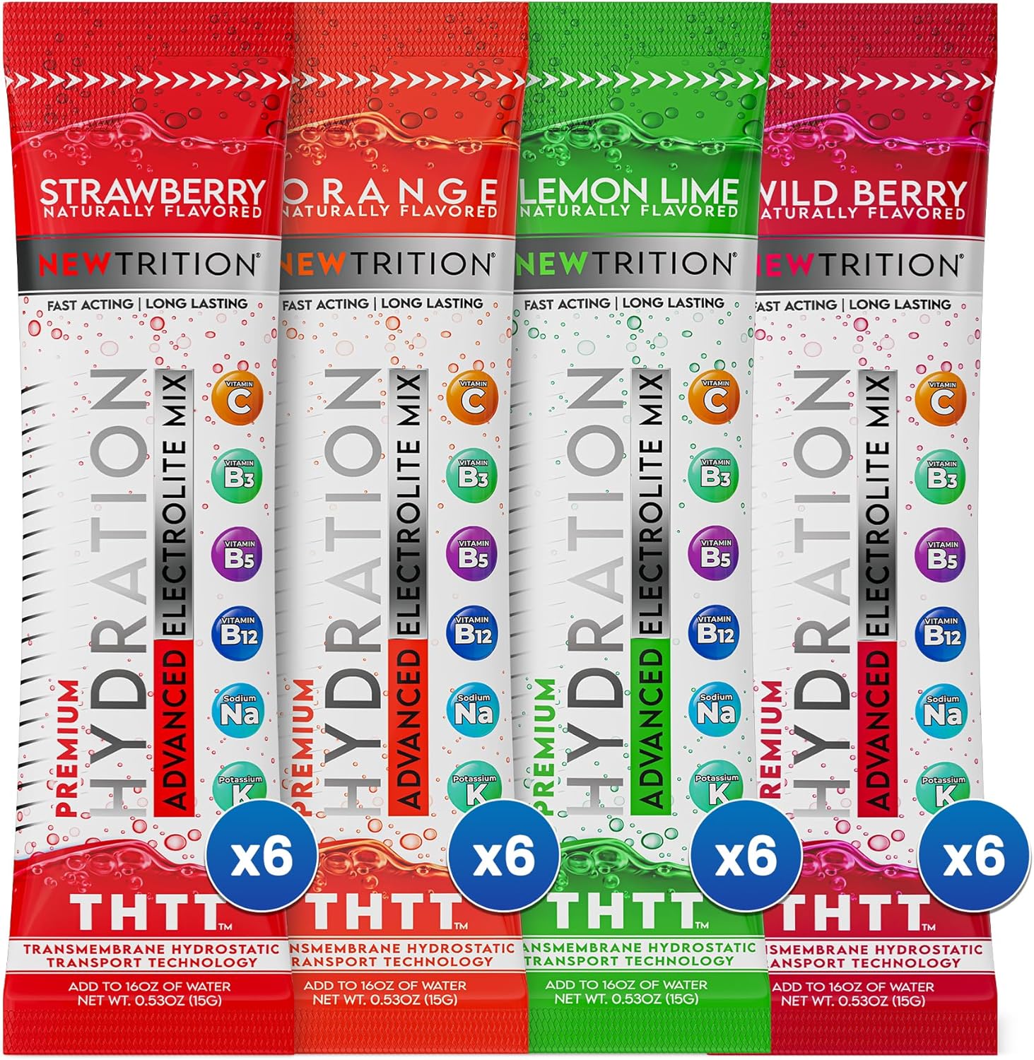 Hydration Powder, 4 Flavors, Pack of 24 Electrolyte Powder Packets, Naturally Flavored Hydrating Packets for Water, Fast Acting Hydrate Electrolytes with Vitamins B&C, Energy & Recovery