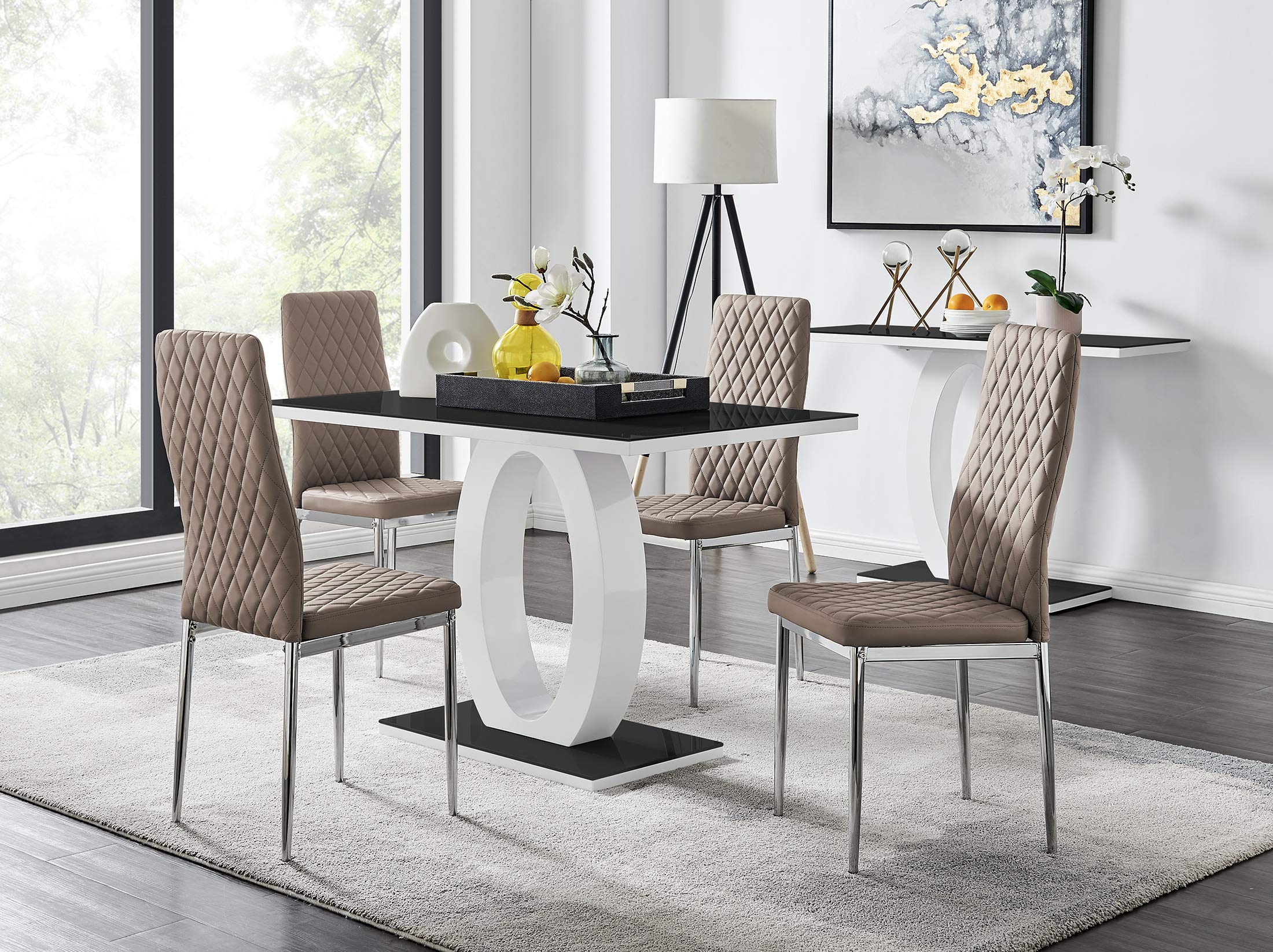 Furniturebox UKDining Set - Giovani Dining Table and Milan Chairs Set Of 4 - Contemporary High Gloss and Glass Table with Modern Milan Chairs (White Dining Table + 4 Cappuccino Beige Milan Chairs)