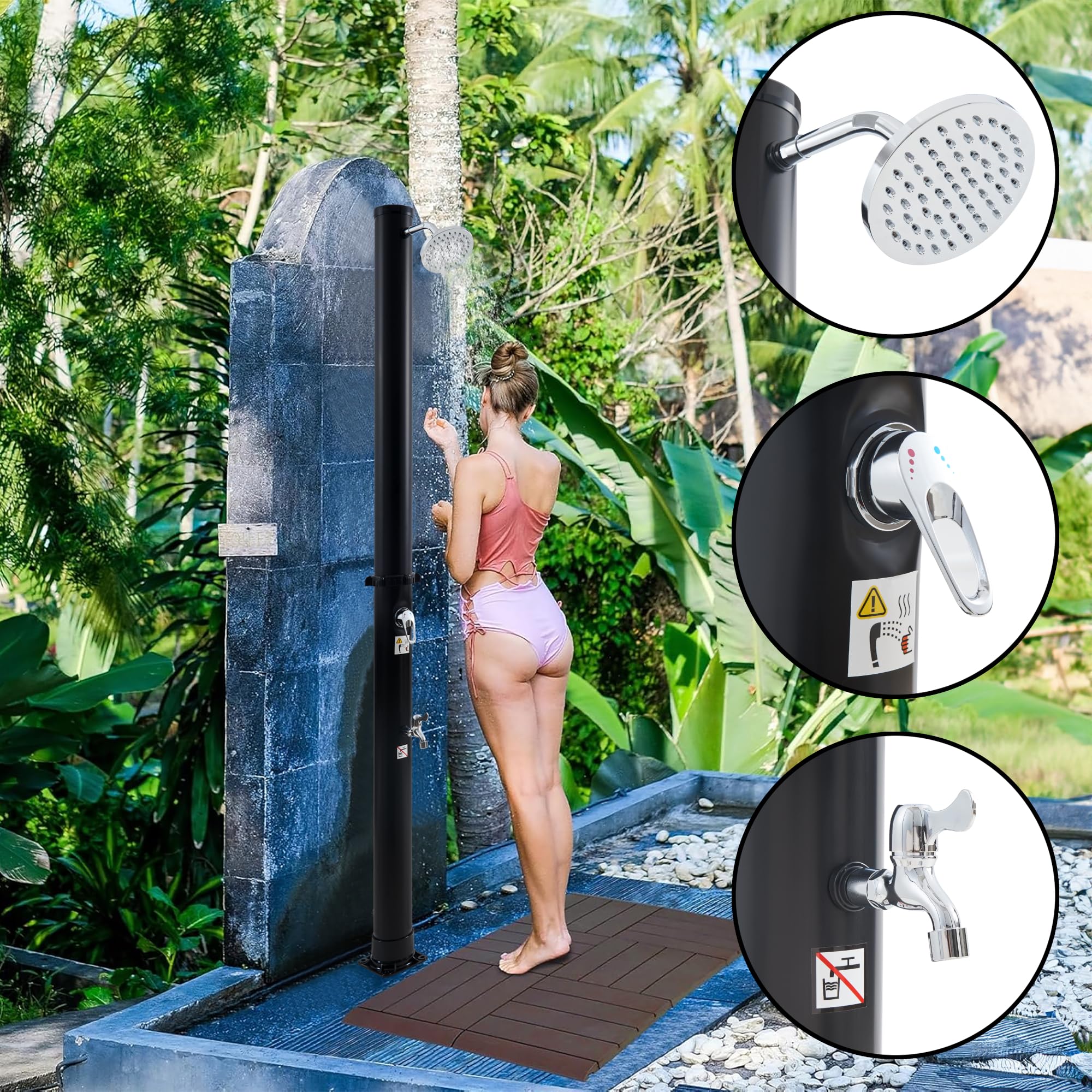 casa.pro Ducha Solar Exterior Frerievn para Piscina Jardín Terraza con Cabezal Giratorio Grifo para Piés Temperatura Ajustable máx. 60°C Tanque de 18L Plástico/Metal Altura 215 cm - Negro