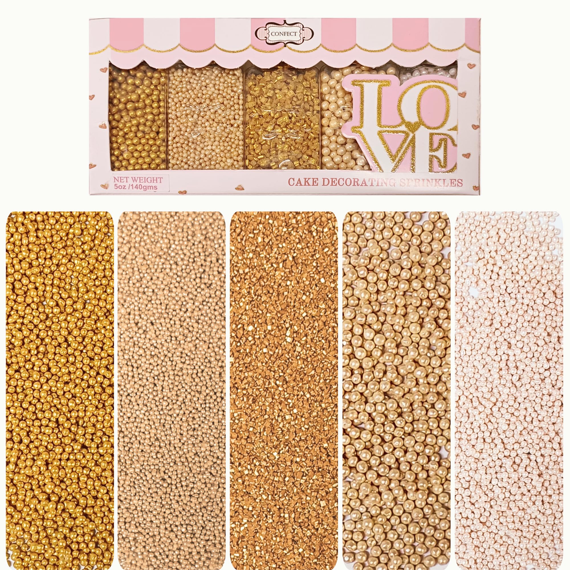 Confect Pearl Sprinkles | Christmas Sprinkles | Golden Sunshine Disco Ball Mashup Sprinkles Mix Champagne Gold Dragees Golden Sparkling Sugar - Vegan, Gluten-Free, Nut-Free, Soy-Free, Dairy-Free, Palm Oil-Free- 140 Gms