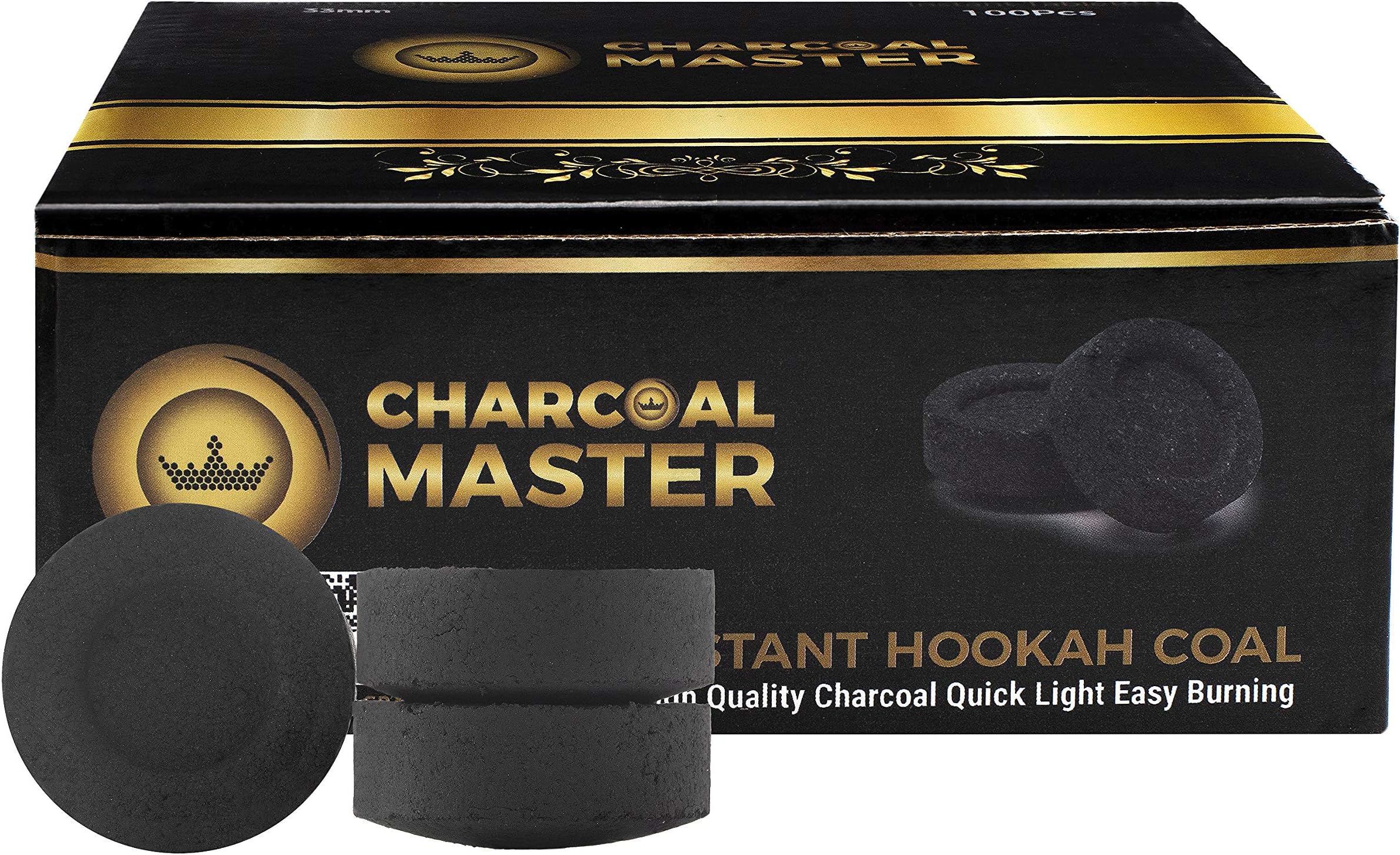 Charcoal Masters Hookah Coals Instant Light - Premium Charcoal Briquettes for Hookah Set, Smoking, Incense - 45 Minute Burn, Low Smoke, No Artificial Flavors - 33mm Coal Disks for Shisha, 100 Pack