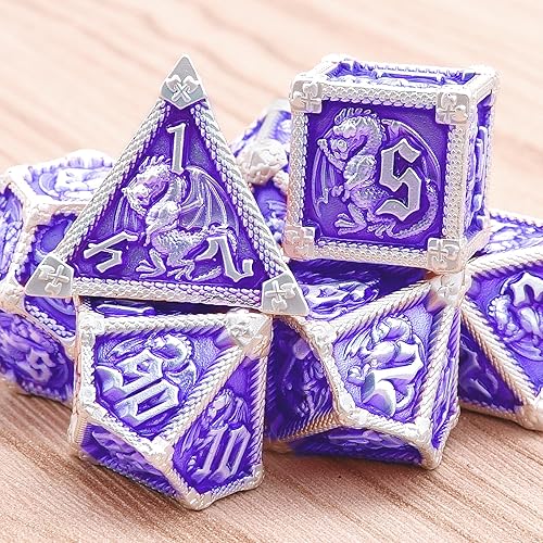 Miniatura 5 de AUSTOR Juego de dados de metal DND de 7 troqueles, juego de dados poliédricos de Calabozos y Dragones con caja D20 D12 D10 D% D8 D6 D4 para