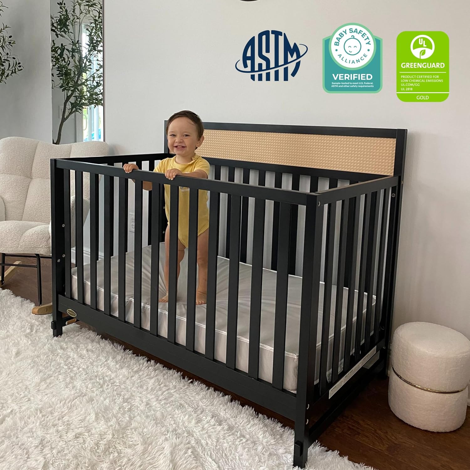 Dream On Me Kai 4-in-1 Convertible Full-Size Baby Crib in Matte Black, GreenGuard Gold & JPMA, Converts to Toddler, Day & Full-Size Bed, 3 Mattress Heights, Modern Nursery Essential