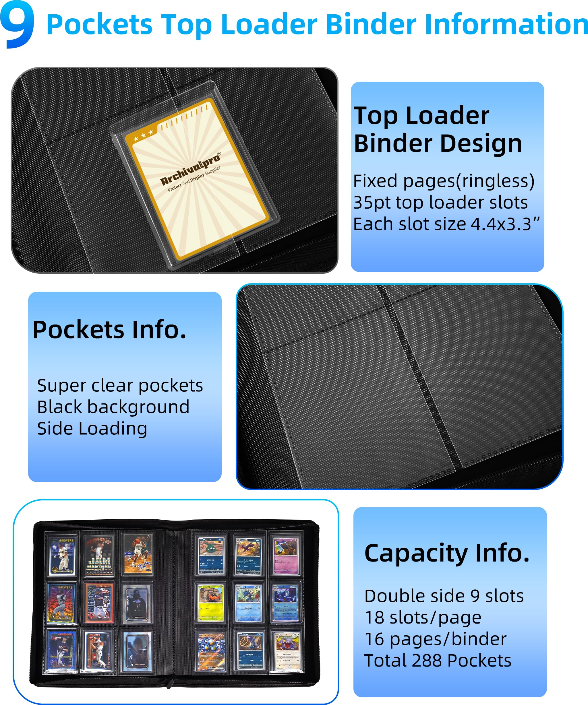 ARCHIVALPRO 9-Pocket Toploader Binder, Blue, 9 Pocket(Capacity: 288 toploader cards) - Image 3