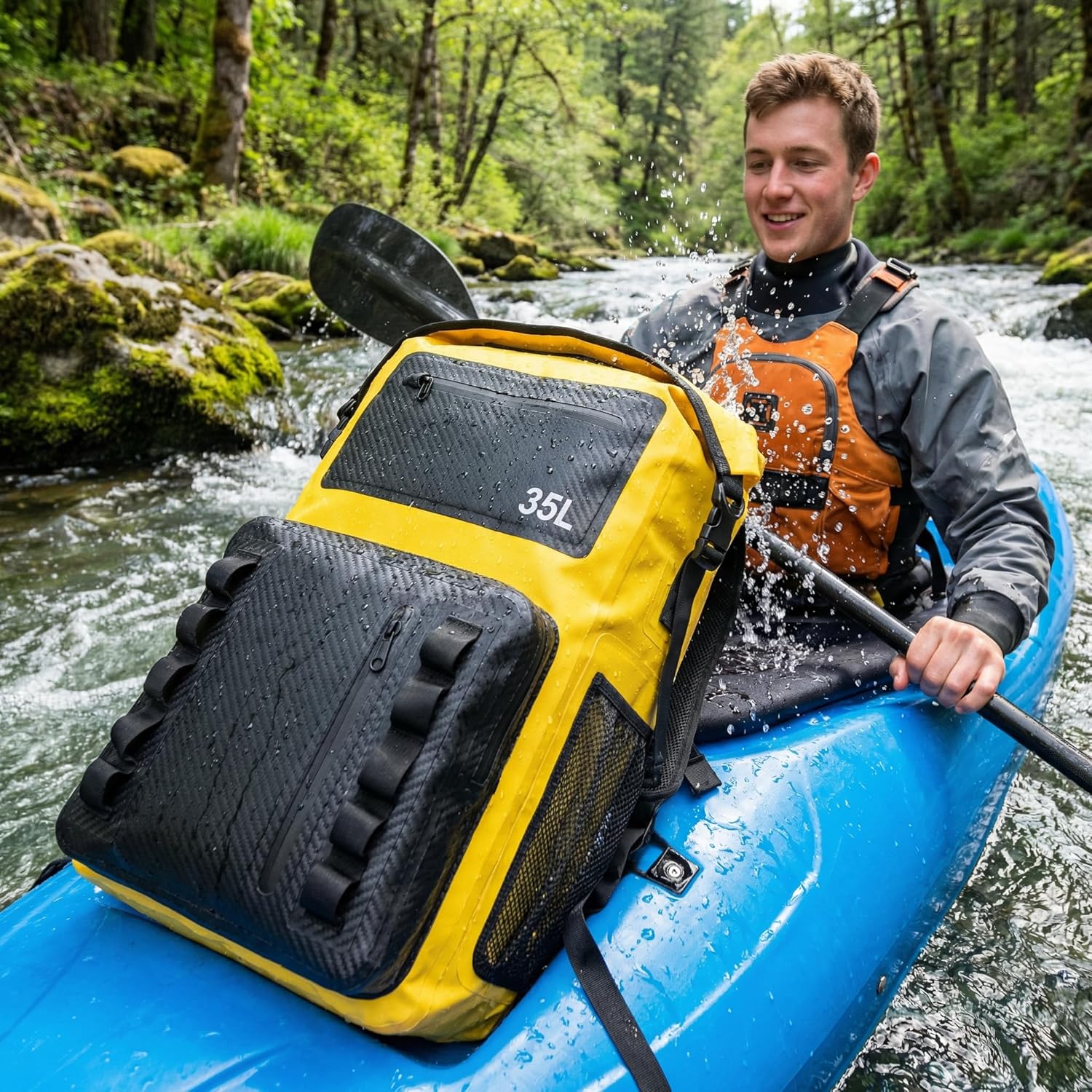 Greencity 100% Waterproof Roll-Top Dry Bag Backpack with Front Splash-Proof Pocket, Lightweight Floating Pack for Kayaking, Hiking & Travel,35L (Yellow-black) - Image 5