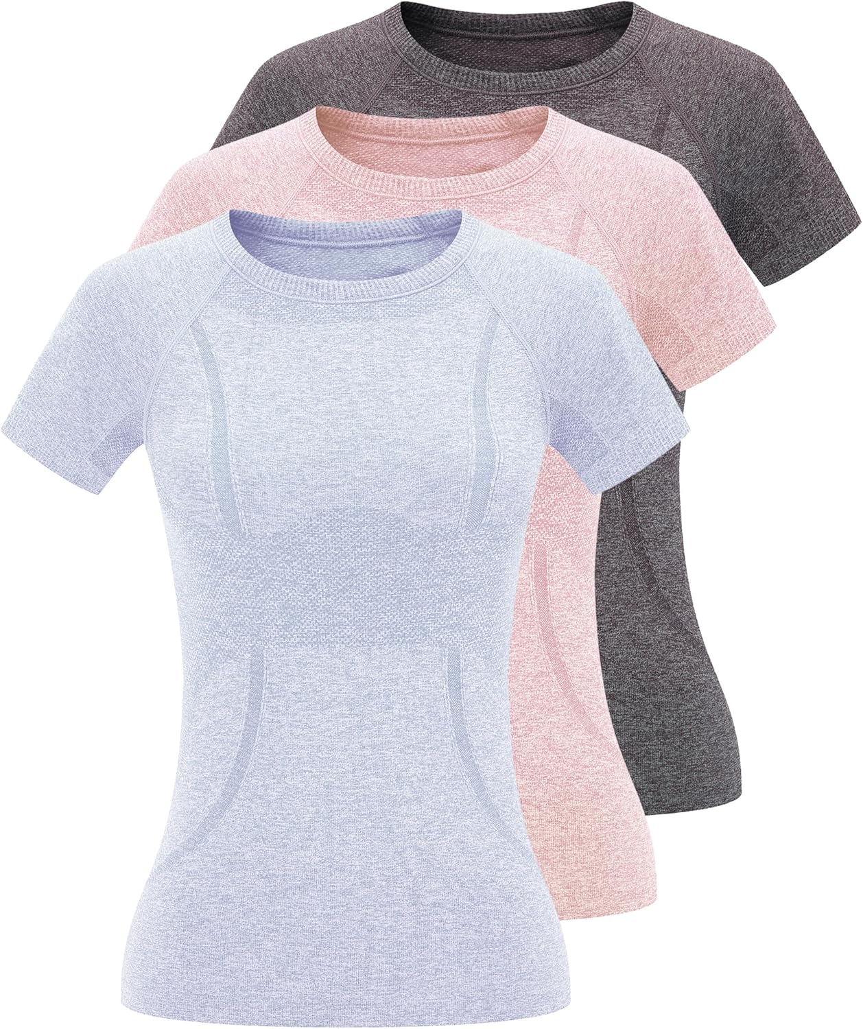 3 Pack Seamless Workout Shirts for Women - Moisture Wicking Quick-Dry Active Athletic Women's Gym Performance T Shirts