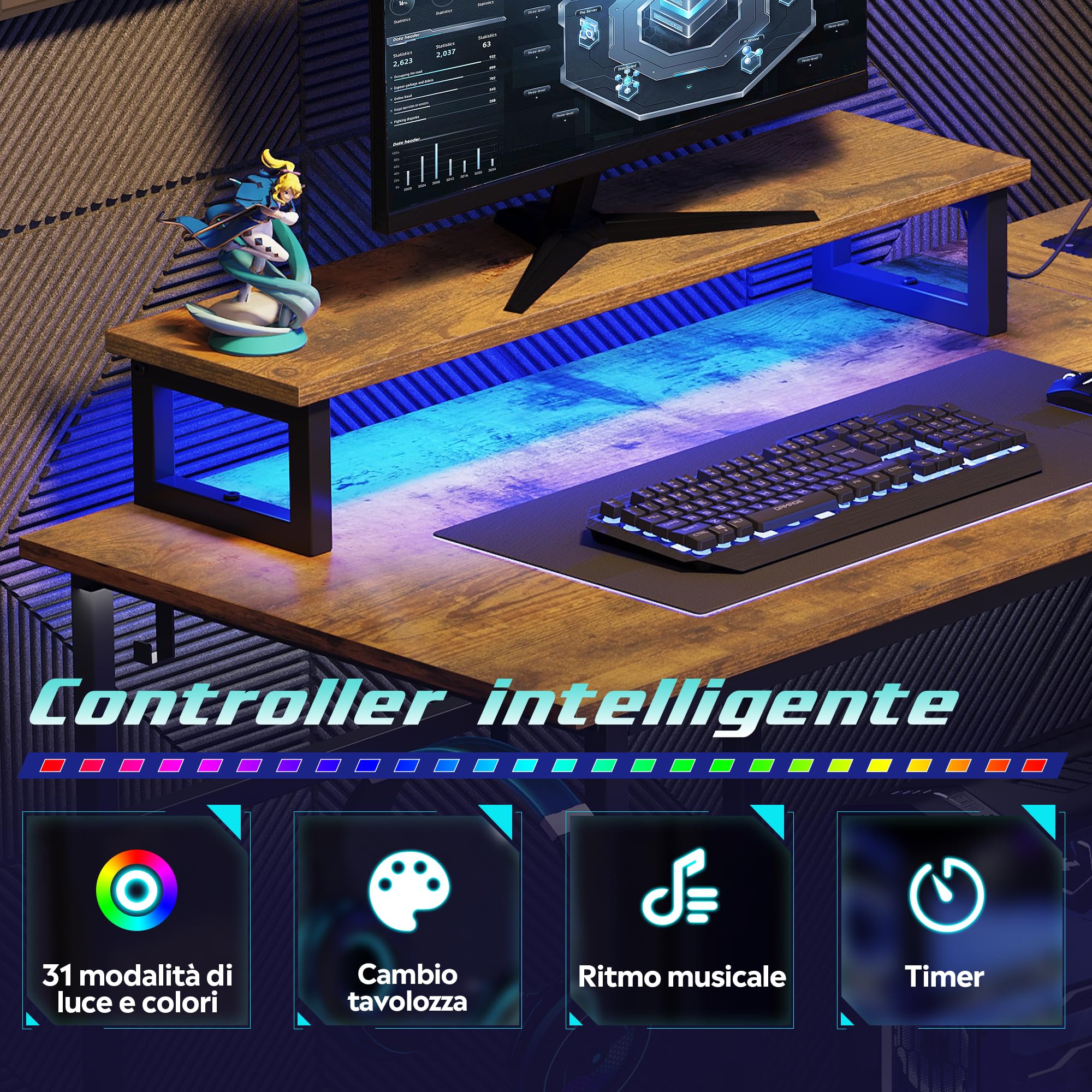 DEVAISE Scrivania Gaming Angolare 110x80cm, Scrivanie a L Salvaspazio con LED RGB, Scrivania da Ufficio con Corrente e USB, Supporto Monitor Ergonomico e Mensole per Camera e Studio, Rustic Brown