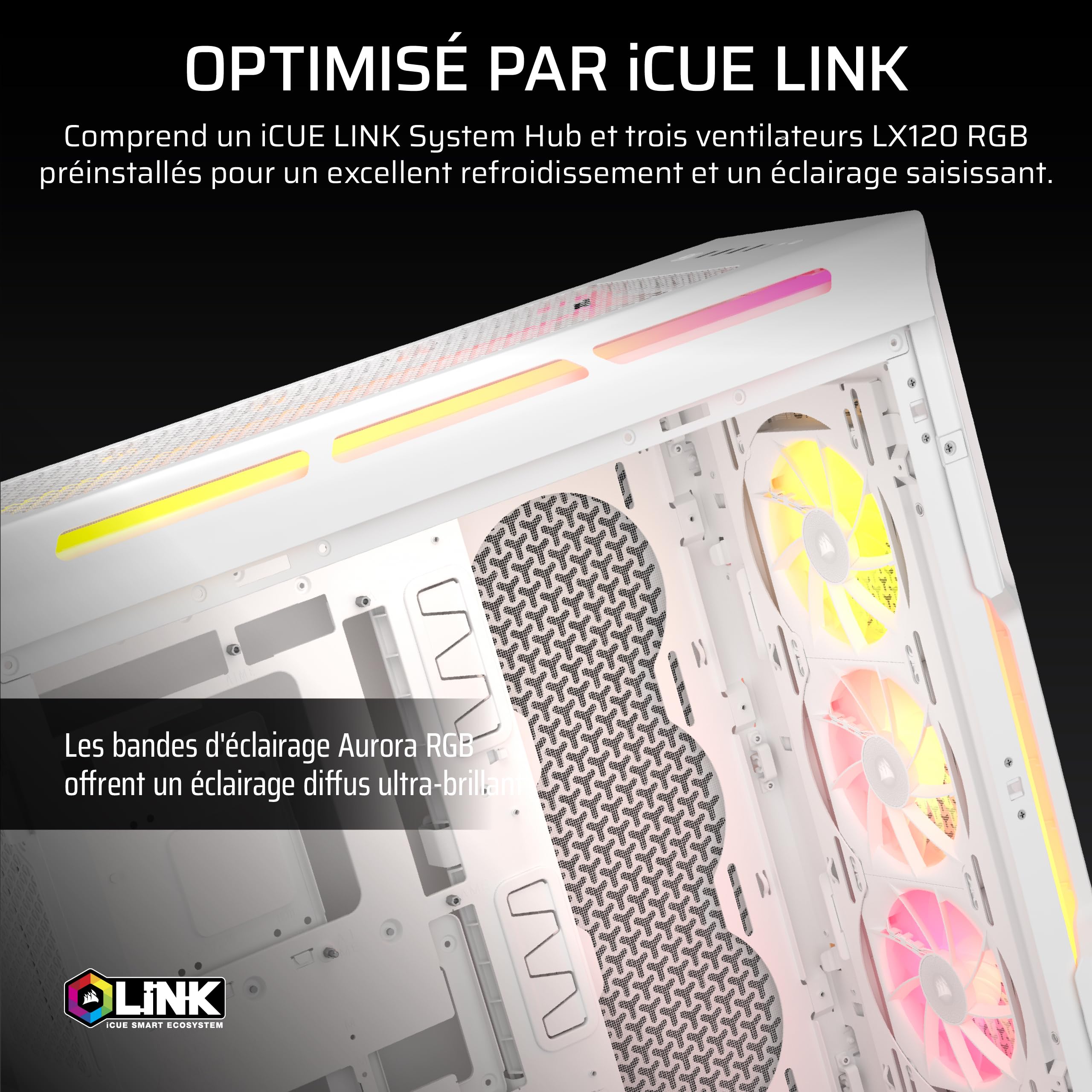 Corsair iCUE Link 5000T LX RGB Boîtier PC ATX de Taille Moyenne – 3X Ventilateurs LX120 RGB Préinstallés, Bandes Lumineuses RGB Aurora Intégrées, Intérieur Spacieux, Hub du iCUE Link Inclus – Blanc