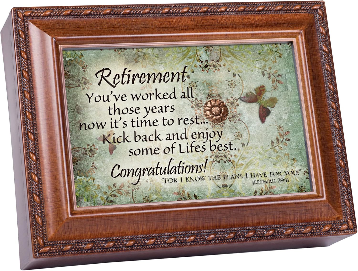 Cottage Garden Retirement Woodgrain Rope Trim Music Box Plays Amazing Grace