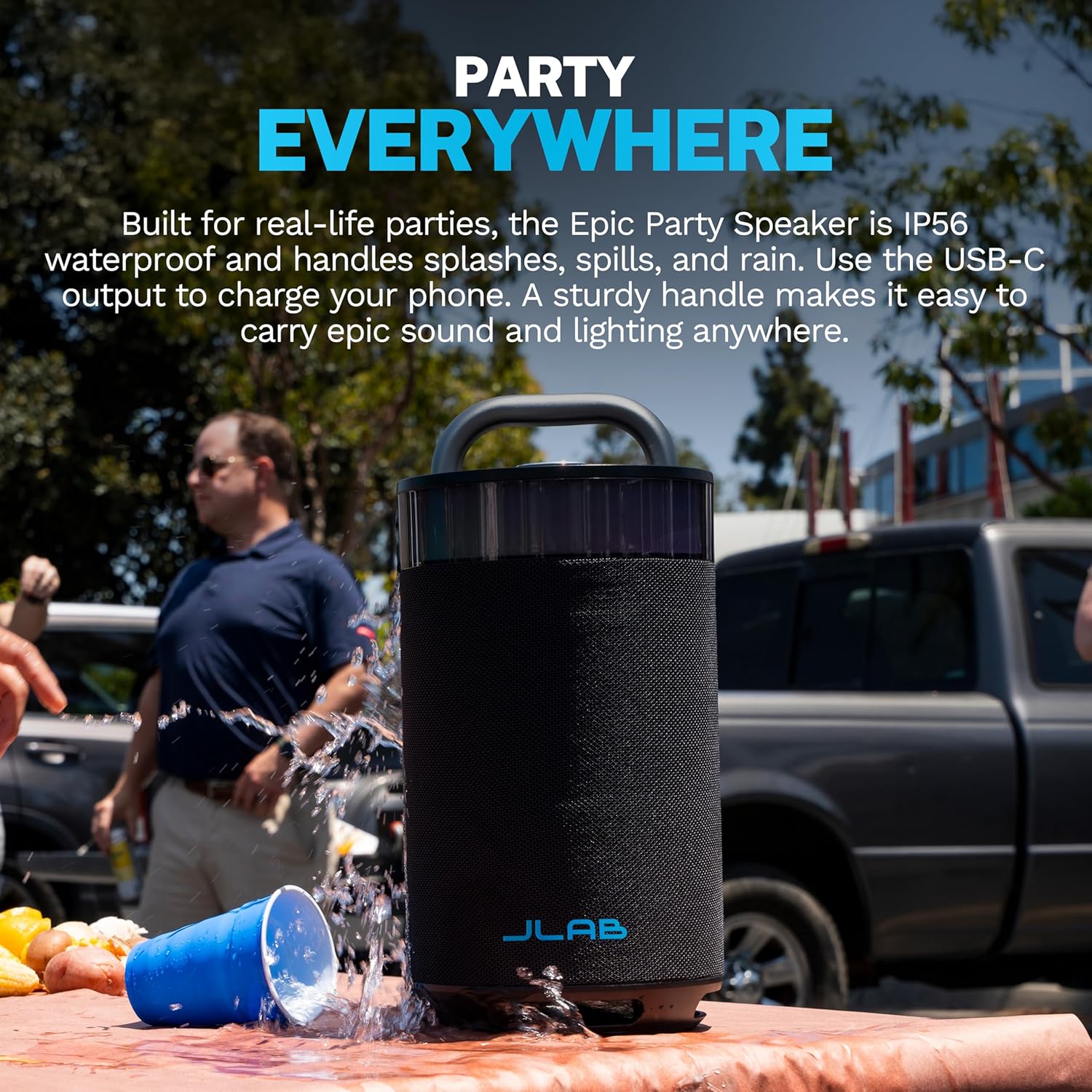 JLab Epic Party Portable Bluetooth Speaker, Black, 360-degree Sound with 100 Watts of Power, 16+ Hours of Playtime, Customizable RGB LED Lighting, Lab Sync Up to 100 Speakers, Custom Sound in-App - Image 6