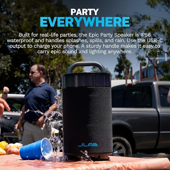 JLab, Epic Party, Portable Bluetooth Speaker, 360-Degree Sound, RGB LED Lighting, Black