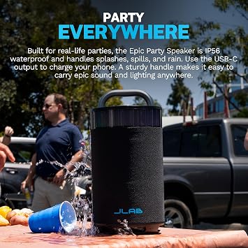 JLab, Epic Party, Portable Bluetooth Speaker, 360-Degree Sound, RGB LED Lighting, Black