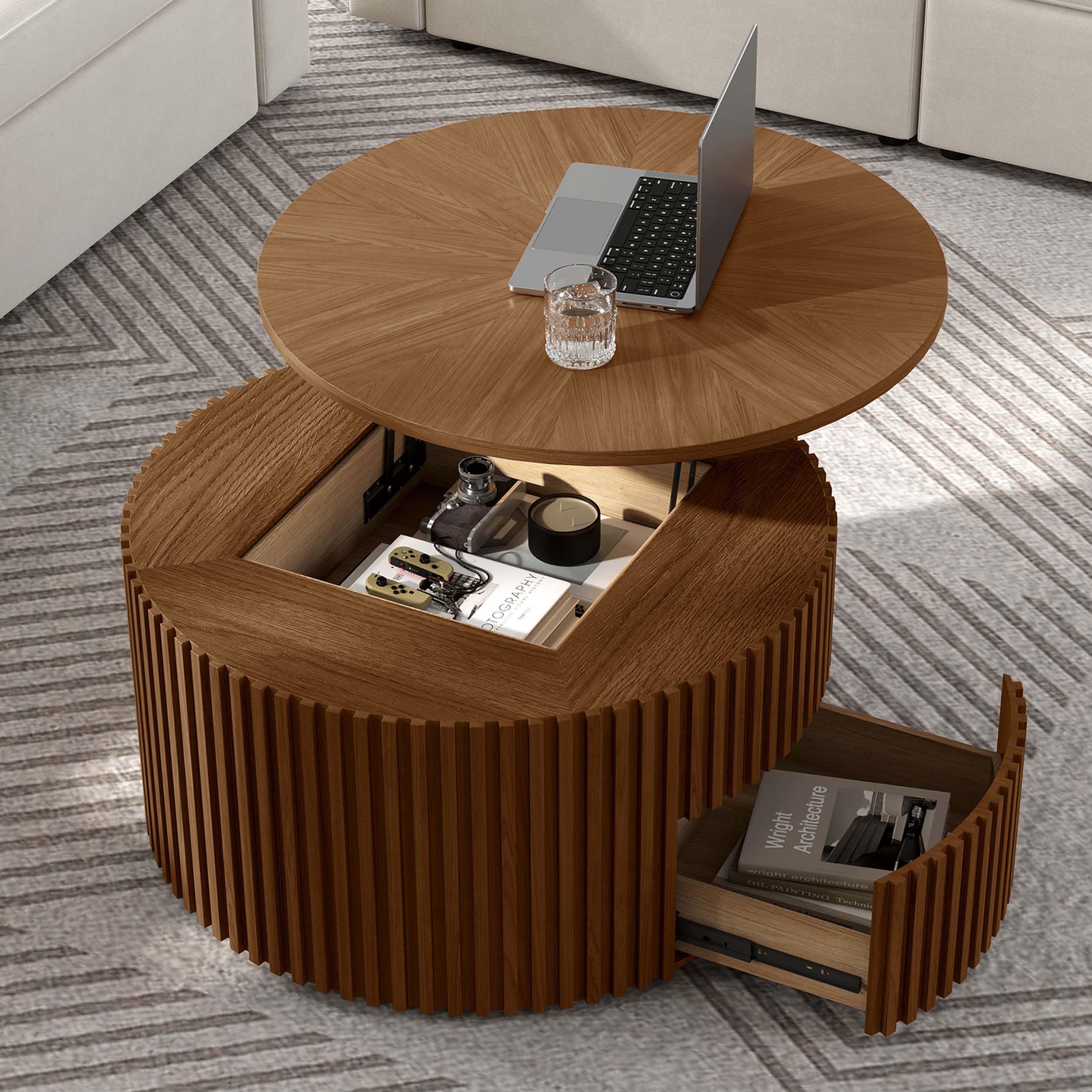 POVISON Round Coffee Table with Lifting Top, Mid Century Modern 39.37" Coffee Table with Storage for Living Room Table for Home Office, Light Walnut, Fully Assembled