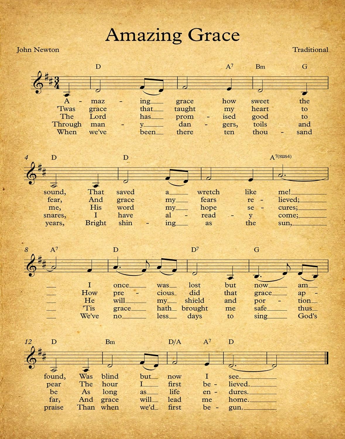 Amazing Grace Music & Lyrical Poster Christian Music Wall