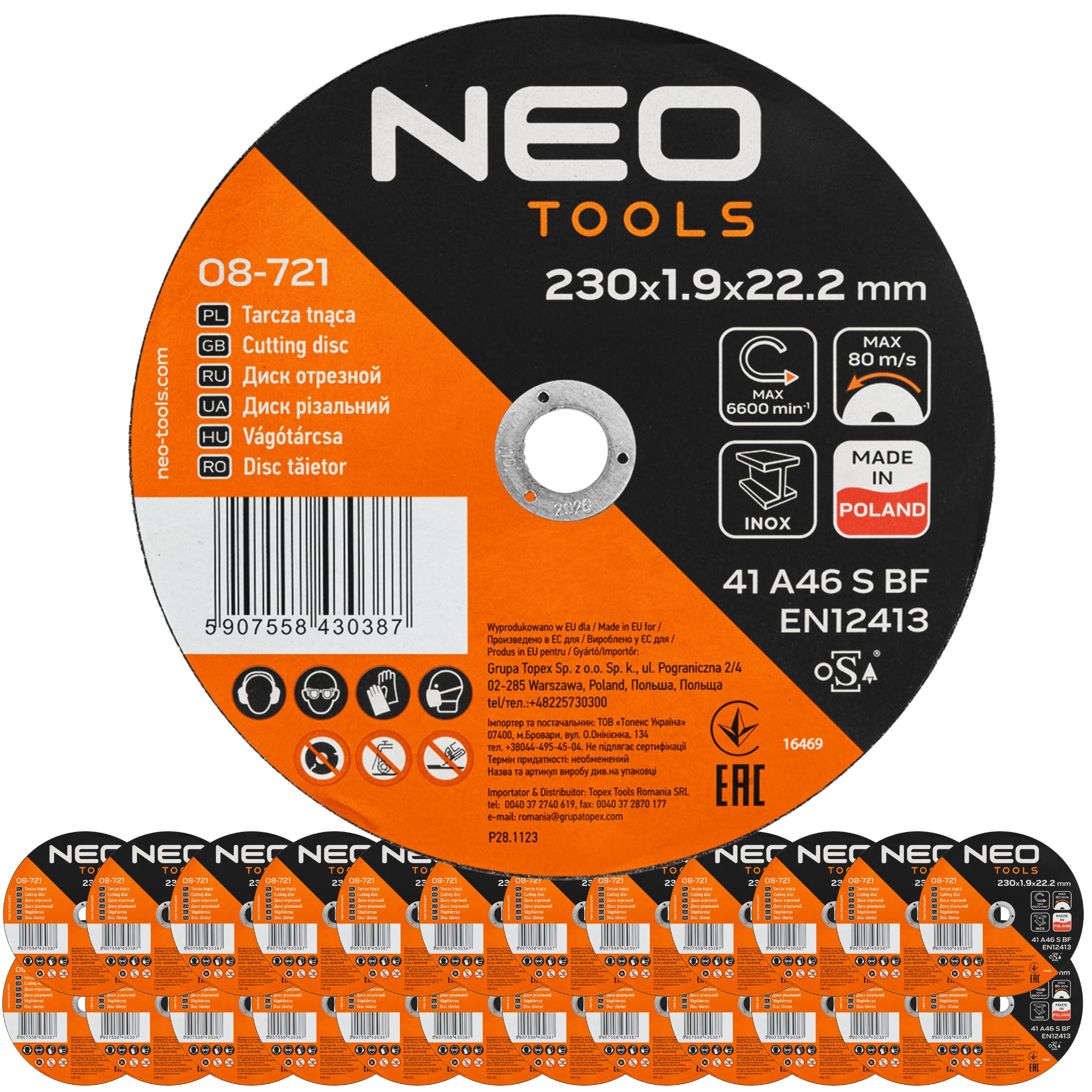NEO TOOLS Discos de corte Ø 230 x 1,9 mm x 22,23 mm, 25 unidades, acero inoxidable y acero inoxidable, disco flexible para amoladora angular, disco de desbaste, máx. 6600 rpm – 80 m/s