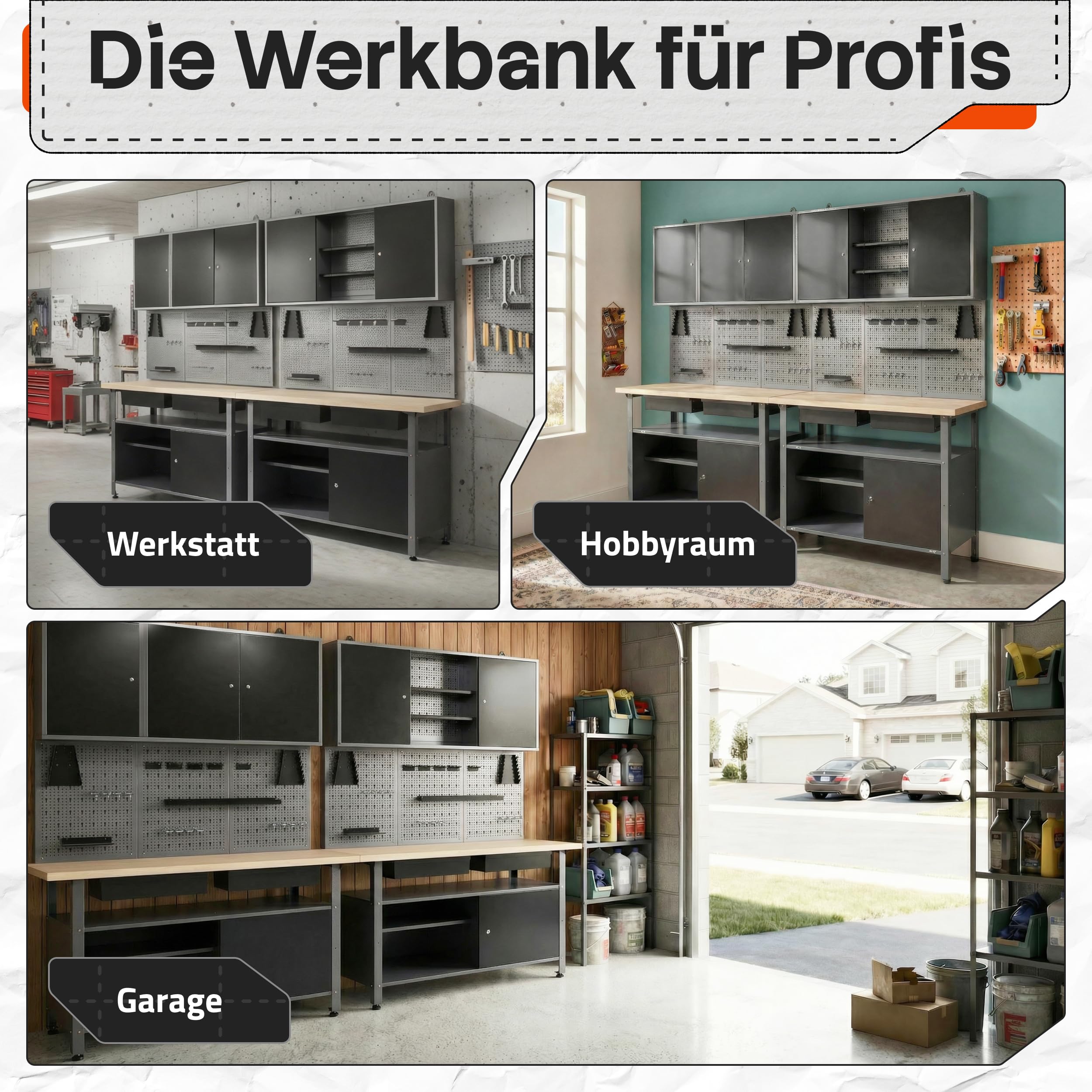 Ondis24 Werkstatteinrichtung Werkstatt Set Werkbank Fritz Hängeschrank Werkzeugwand Metall Schwarz Grau (Hängeschrank Ben & Tim, 242 cm)