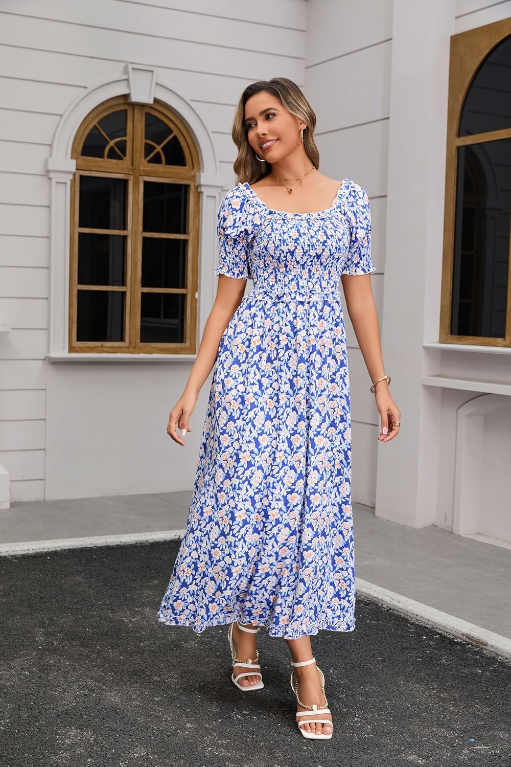 Women's Casual Summer Maxi Dresses Short Sleeve Floral Strapless Dress A Line Boho Ruffle Long Dresses - Image 5