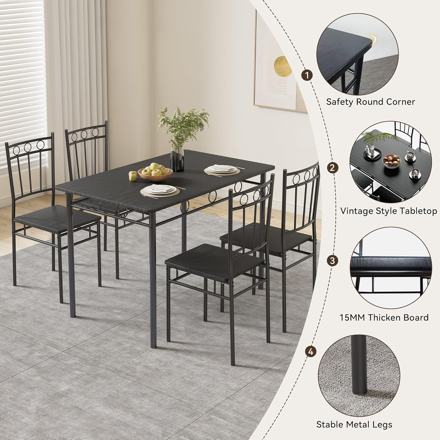 Dining Table Set for 4, 5-Piece Kitchen Table and Chairs, Rectangular Dining Room Table Set with 4 Chairs, Space-Saving Kitchen Table Set for Small Space,Dinette,Apartment,Pure Black