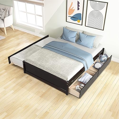Polibi Cama de plataforma de almacenamiento, cama de plataforma de madera de tamaño matrimonial con nido de tamaño individual y dos cajones de
