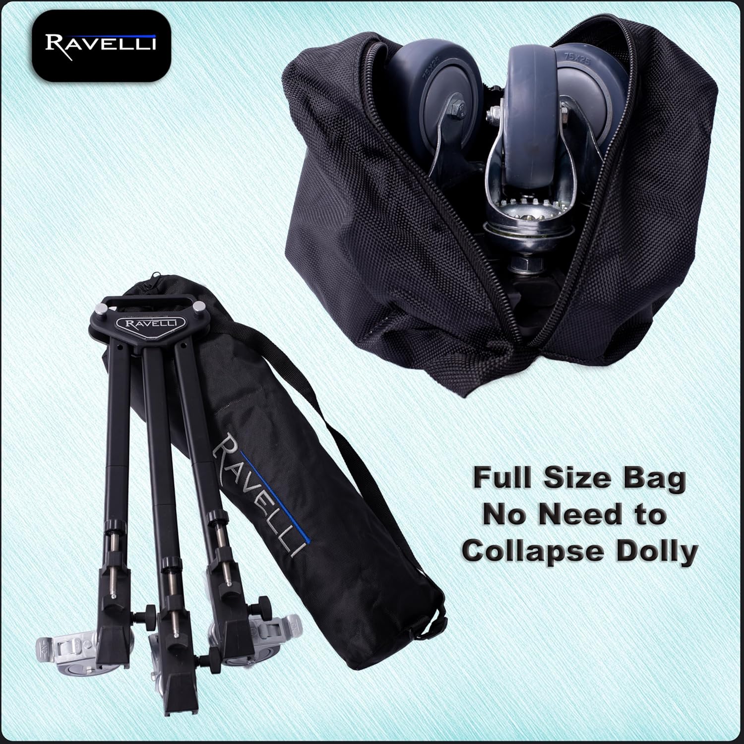 Ravelli ATD Tripod Dolly folded and stored in its carry bag
