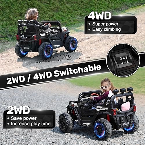 Miniatura 9 de ANPABO Camión de coche de 24 V 4 x 4 con control remoto, 4WD2WD conmutable Kids UTV, asiento espacioso de 19 pulgadas, 4 amortiguadores, arranque