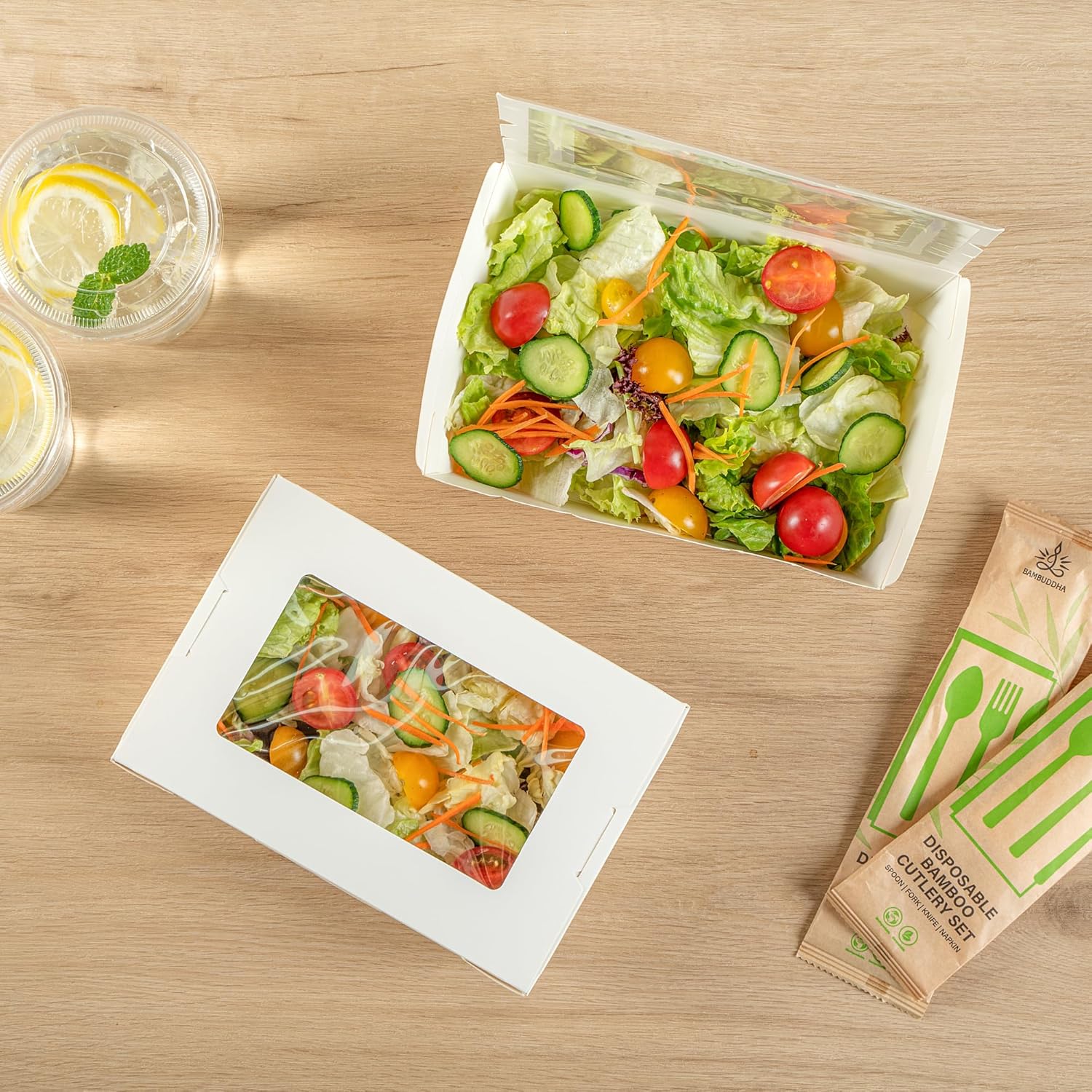 Restaurantware Cafe Vision 42 Ounce Disposable To Go Boxes 50 Paper Boxes For Food - Hinge Lock Grease-Impervious White Paper Take Out Food Containers With Window For Lunch Or Desserts