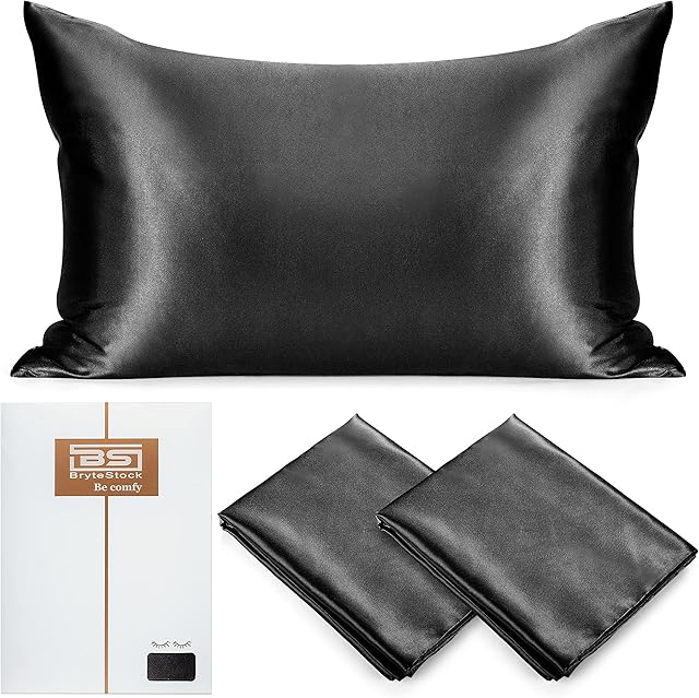 BRYTESTOCK Pillow cases 2 pack- Black Satin cushion covers for Hair and Skin Standard Size with envelope closer 50 x 75 cm