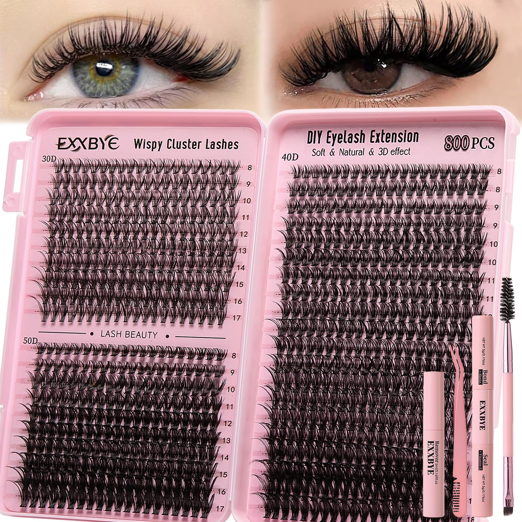 Wispy Lash Clusters Kit 800pcs Lash Extension Kit DIY Eyelash Clusters 30D 40D 50D Lashes Clusters 8-18mm With